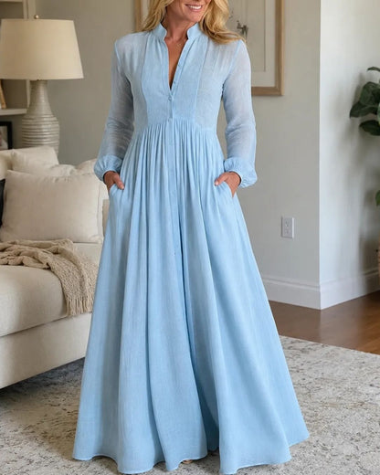 Stand-Up Collar Long-Sleeve Maxi Dress