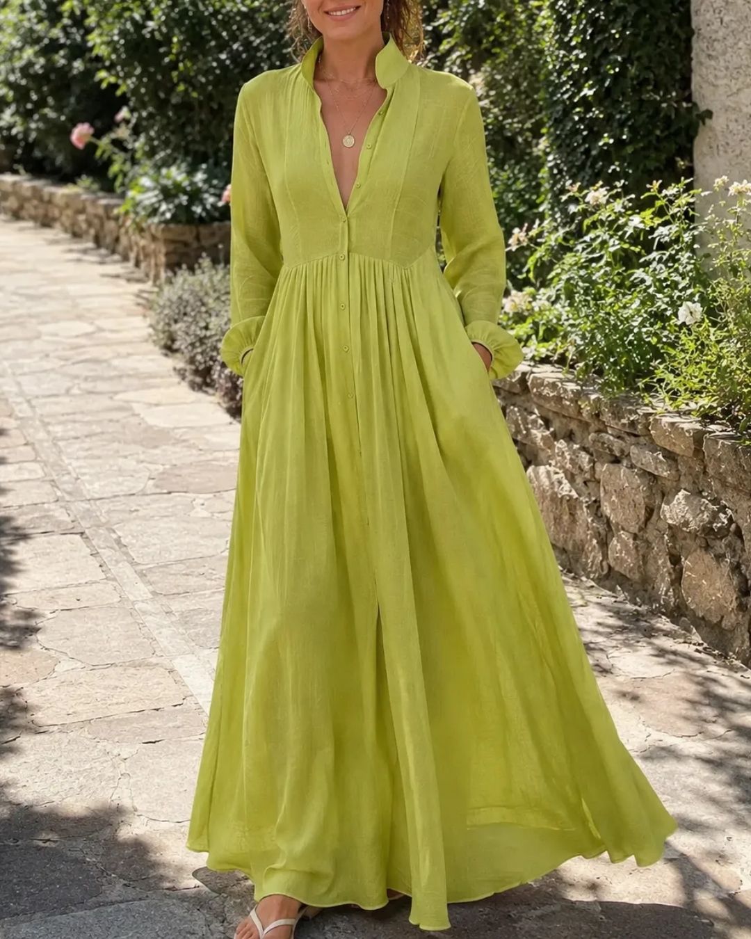 Stand-Up Collar Long-Sleeve Maxi Dress