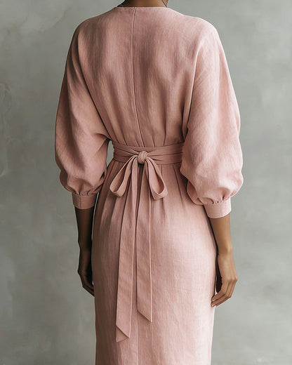 Elegant Deep V-Neck Draped Wrap Maxi Dress With Waist Tie