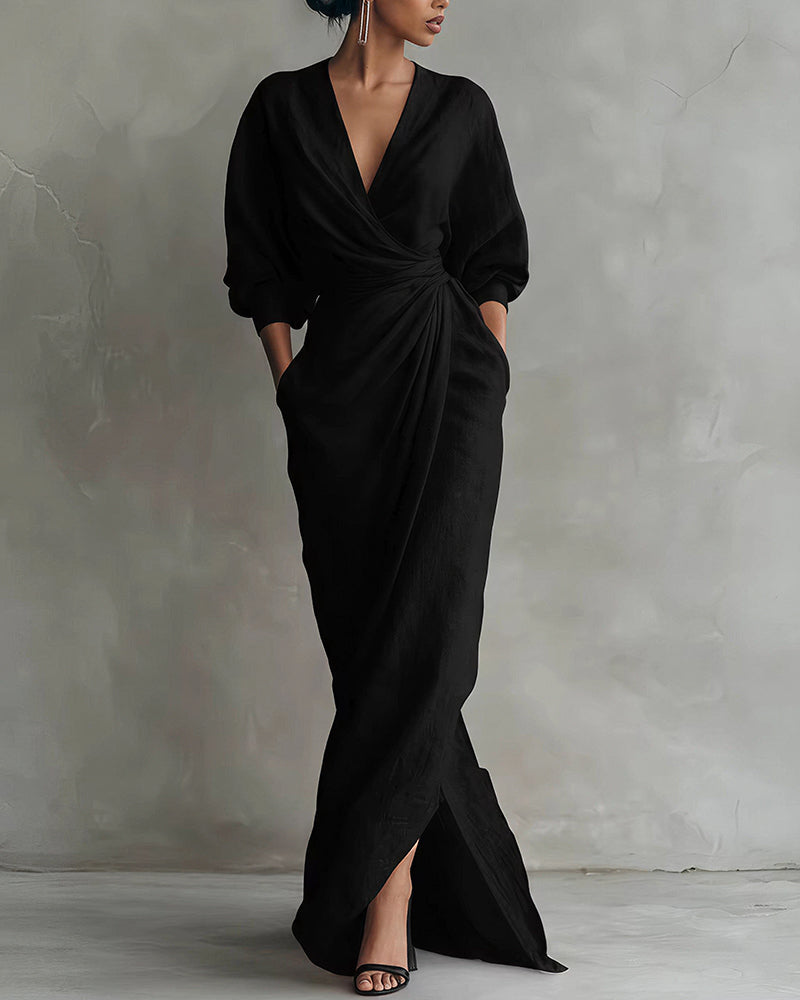Elegant Deep V-Neck Draped Wrap Maxi Dress With Waist Tie