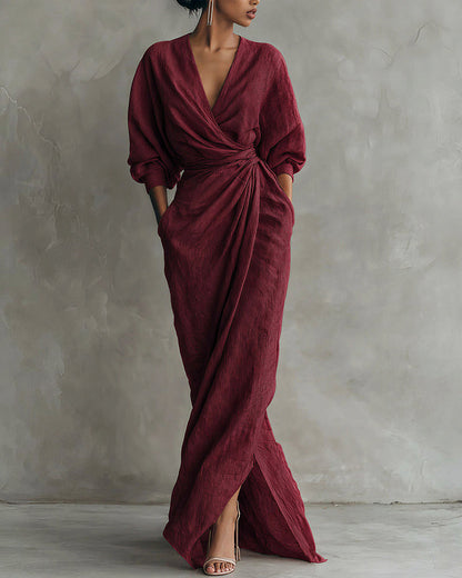 Elegant Deep V-Neck Draped Wrap Maxi Dress With Waist Tie