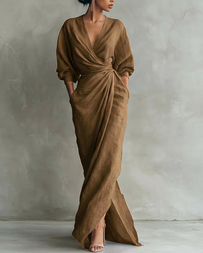 Elegant Deep V-Neck Draped Wrap Maxi Dress With Waist Tie