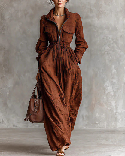 Curvvvy™ French Chic Zip-Up Lapel Maxi Dress With Cinched Waist