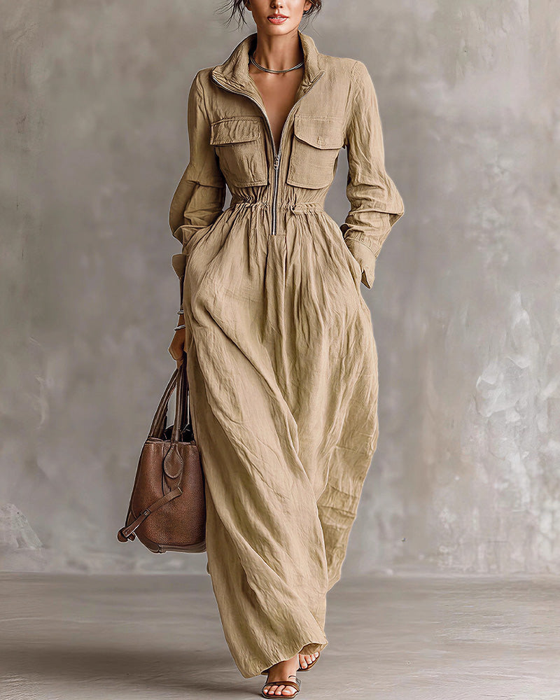 Curvvvy™ French Chic Zip-Up Lapel Maxi Dress With Cinched Waist