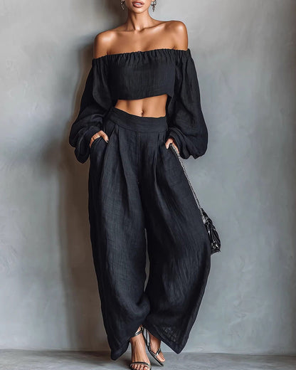 Curvvvy™ Off-Shoulder Crop Top and Wide Leg Pants Two-Piece Set
