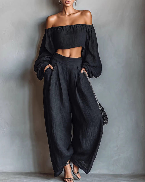 Curvvvy™ Off-Shoulder Crop Top and Wide Leg Pants Two-Piece Set
