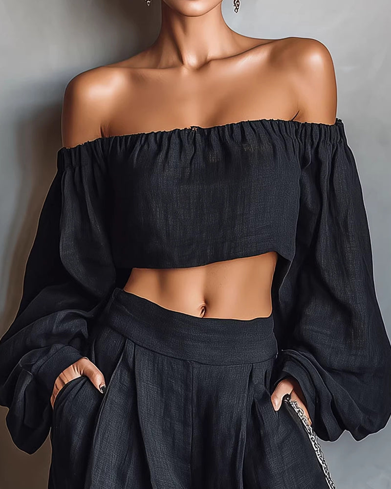 Curvvvy™ Off-Shoulder Crop Top and Wide Leg Pants Two-Piece Set