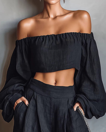 Curvvvy™ Off-Shoulder Crop Top and Wide Leg Pants Two-Piece Set