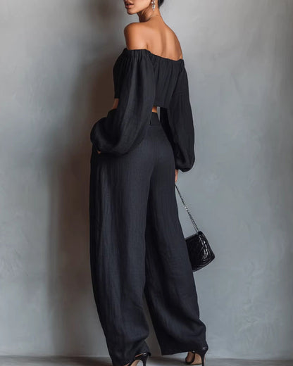 Curvvvy™ Off-Shoulder Crop Top and Wide Leg Pants Two-Piece Set