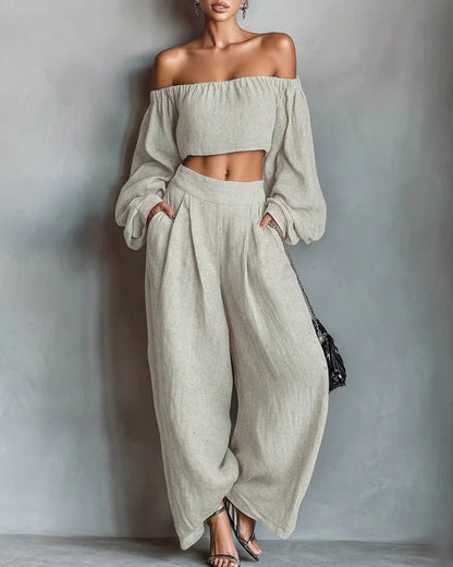 Curvvvy™ Off-Shoulder Crop Top and Wide Leg Pants Two-Piece Set