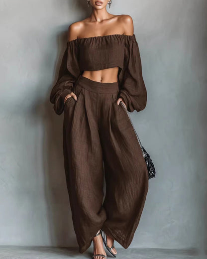 Curvvvy™ Off-Shoulder Crop Top and Wide Leg Pants Two-Piece Set