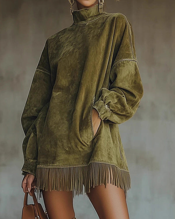 Curvvvy™ Vintage Faux Suede Fringe Hem Tunic Dress With Pockets