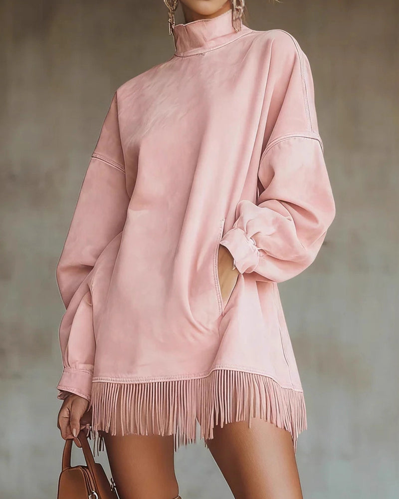 Curvvvy™ Vintage Faux Suede Fringe Hem Tunic Dress With Pockets