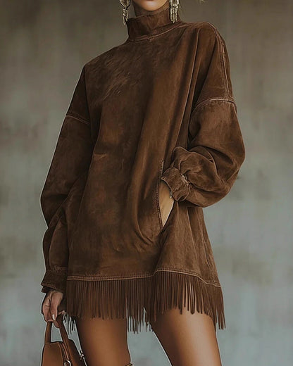 Curvvvy™ Vintage Faux Suede Fringe Hem Tunic Dress With Pockets