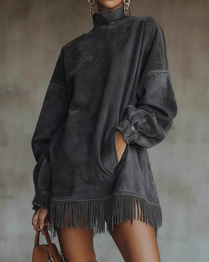 Curvvvy™ Vintage Faux Suede Fringe Hem Tunic Dress With Pockets