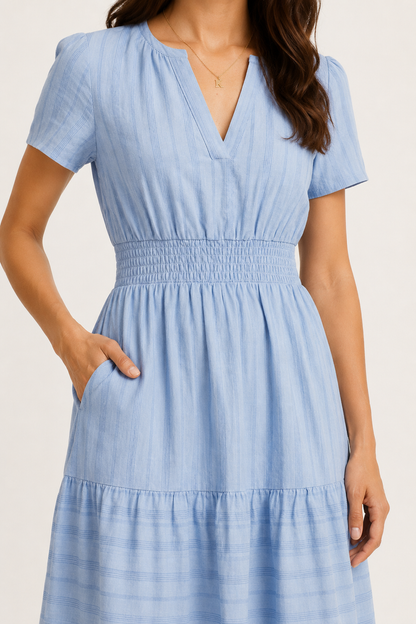 Tiered Notched Short Sleeve Dress