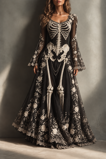 Women's Vintage Gothic Mixed-Print Halloween Midi Skirt