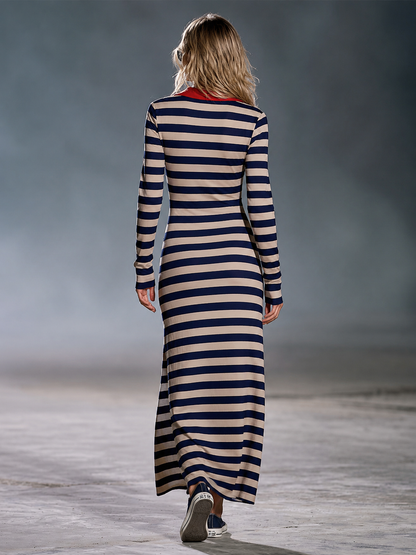 Retro Nautical Navy Striped Polo Collar Long-Sleeve Slit Maxi Dress
