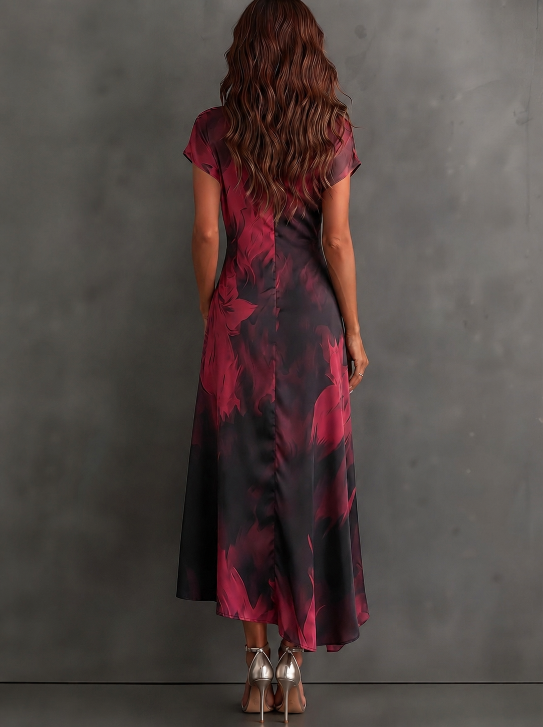 Red Black Abstract Print Wrap Midi Dress Collared V Neck Short Sleeve Tie Waist Ruffled High‑Low Hem Dress
