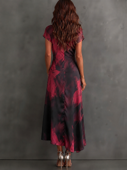 Red Black Abstract Print Wrap Midi Dress Collared V Neck Short Sleeve Tie Waist Ruffled High‑Low Hem Dress