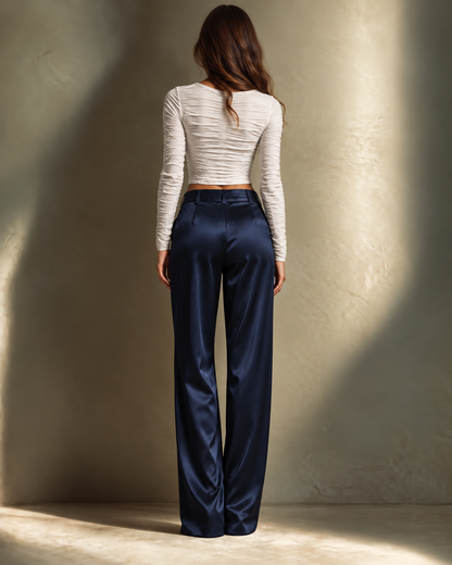 Draped Satin Straight-Leg Trousers