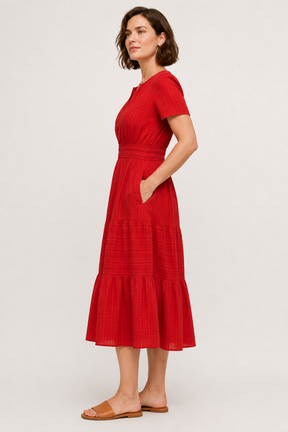 Tiered Notched Short Sleeve Dress