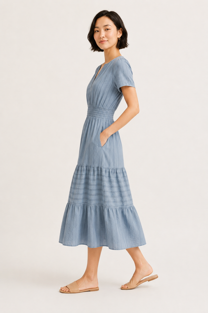 Tiered Notched Short Sleeve Dress