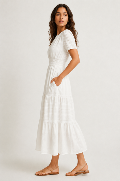 Tiered Notched Short Sleeve Dress
