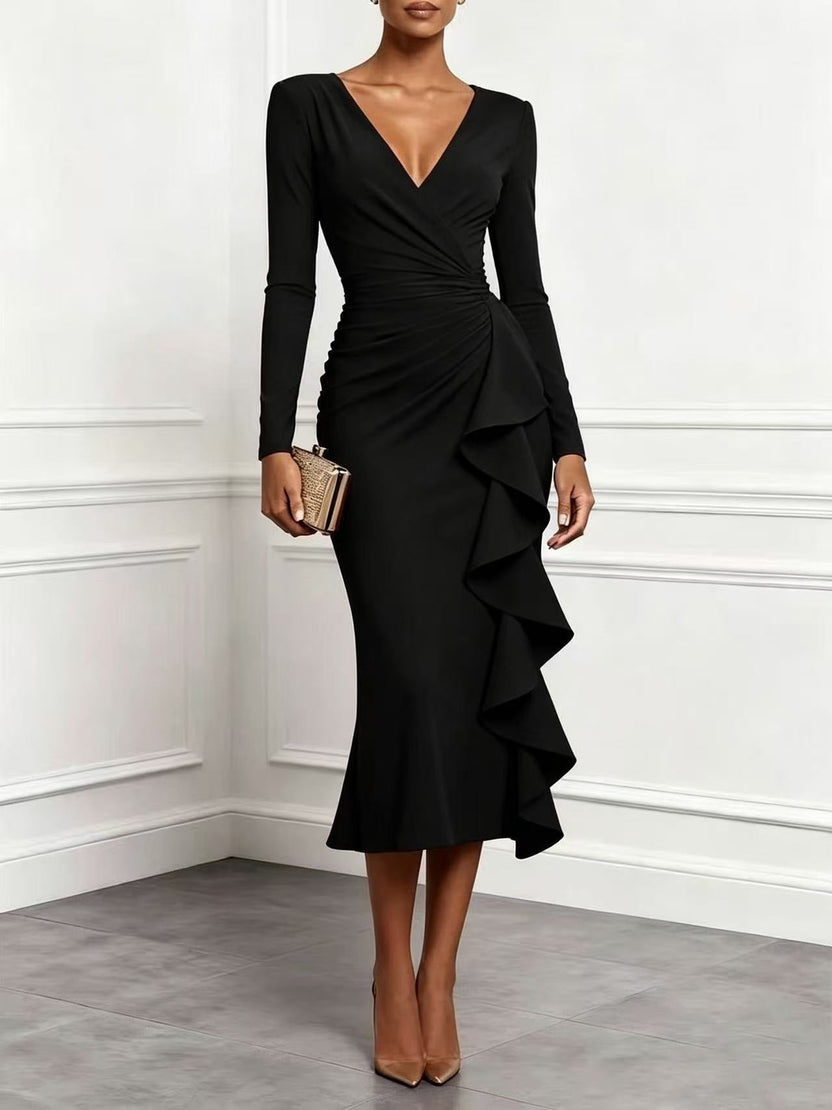 Women's Solid Pink Long-Sleeve Wrap Dress with Ruffles