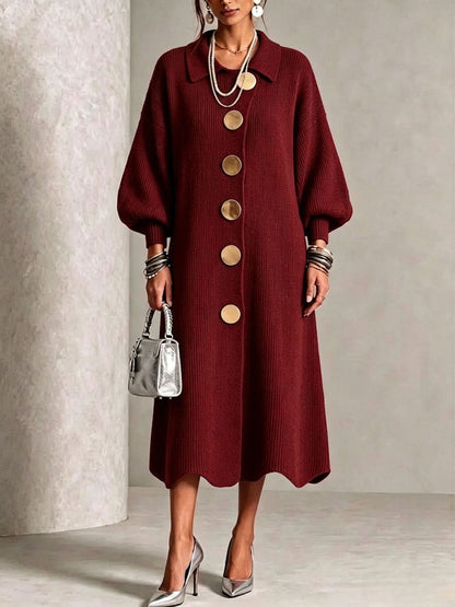 Knit Dress With Large Metal-Buckle Collar And Lantern Sleeves