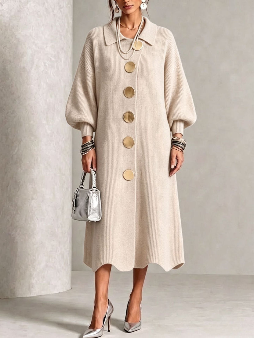 Knit Dress With Large Metal-Buckle Collar And Lantern Sleeves