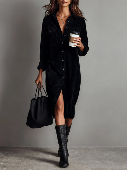 Loose-Fitting Corduroy Midi Dress