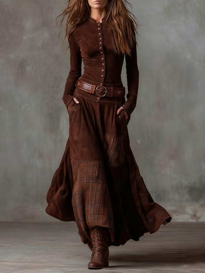 Long belted suede dress