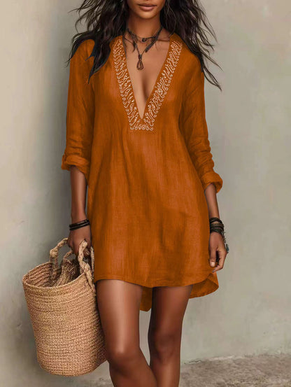 Boho V-Neck Embroidered Mini Dress