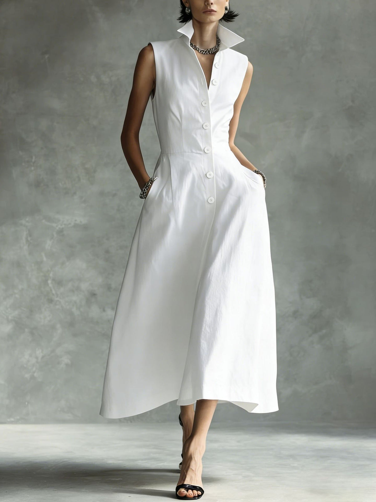 Solid-Color Sleeveless Casual Dress