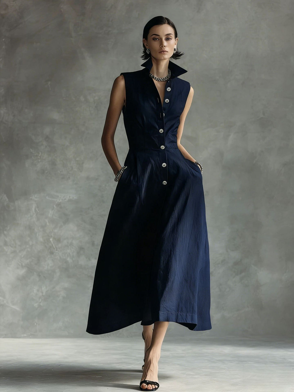 Solid-Color Sleeveless Casual Dress