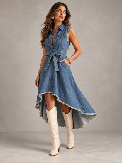 Sleeveless Raw Hem Asymmetrical Denim Dress