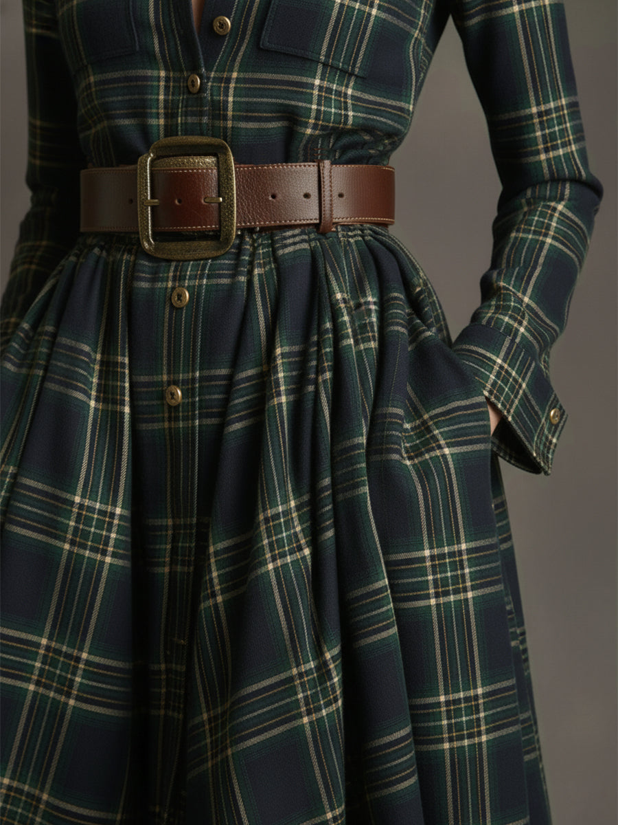 retro-ethnic-style-lapel-reddish-brown-plaid-maxi-dress - Oyrosy