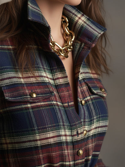 retro-ethnic-style-lapel-reddish-brown-plaid-maxi-dress - Oyrosy