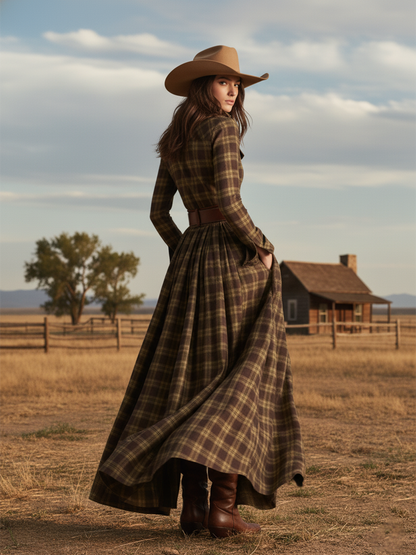 retro-ethnic-style-lapel-reddish-brown-plaid-maxi-dress - Oyrosy