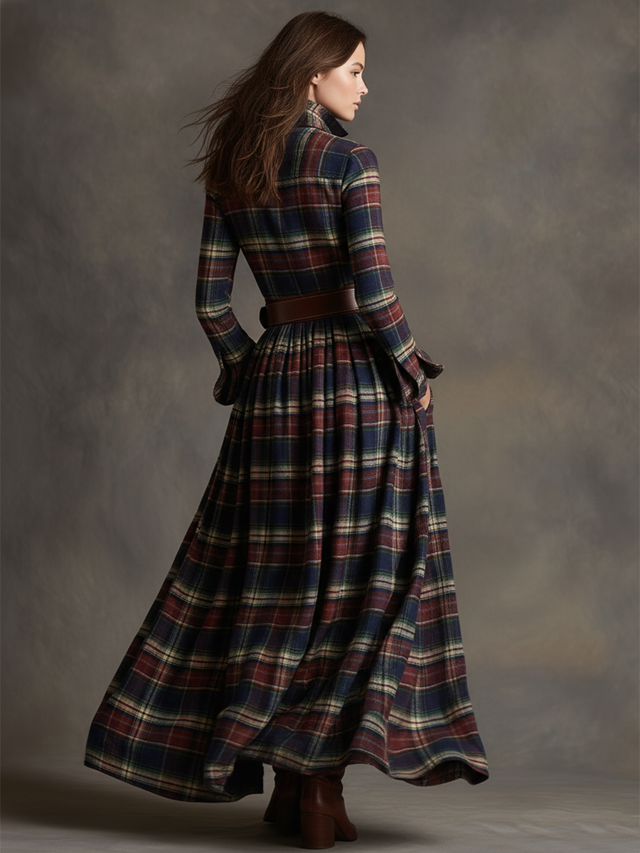 retro-ethnic-style-lapel-reddish-brown-plaid-maxi-dress - Oyrosy