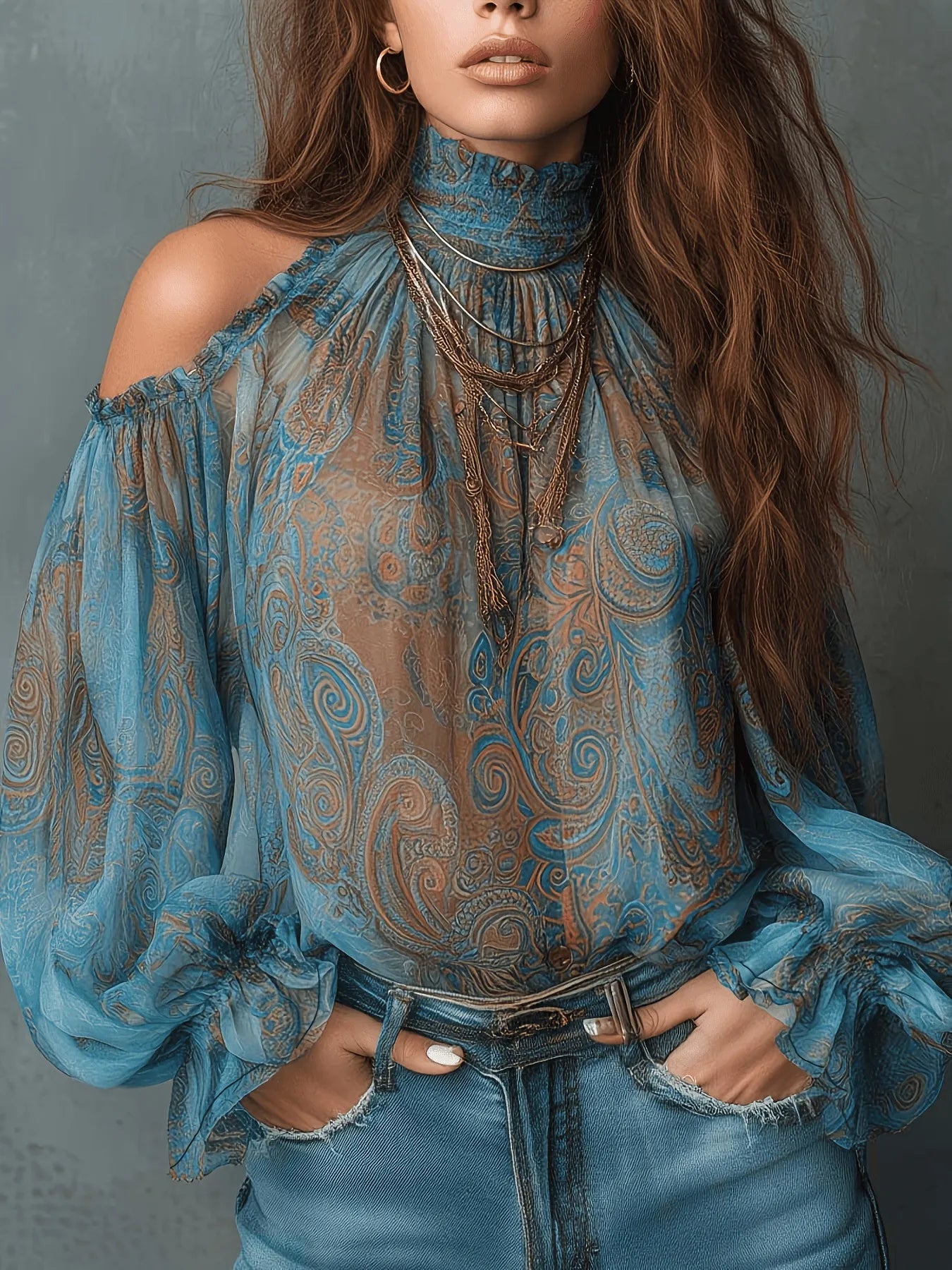 High Neck Ruffle Trim Long Sleeve Chiffon Top