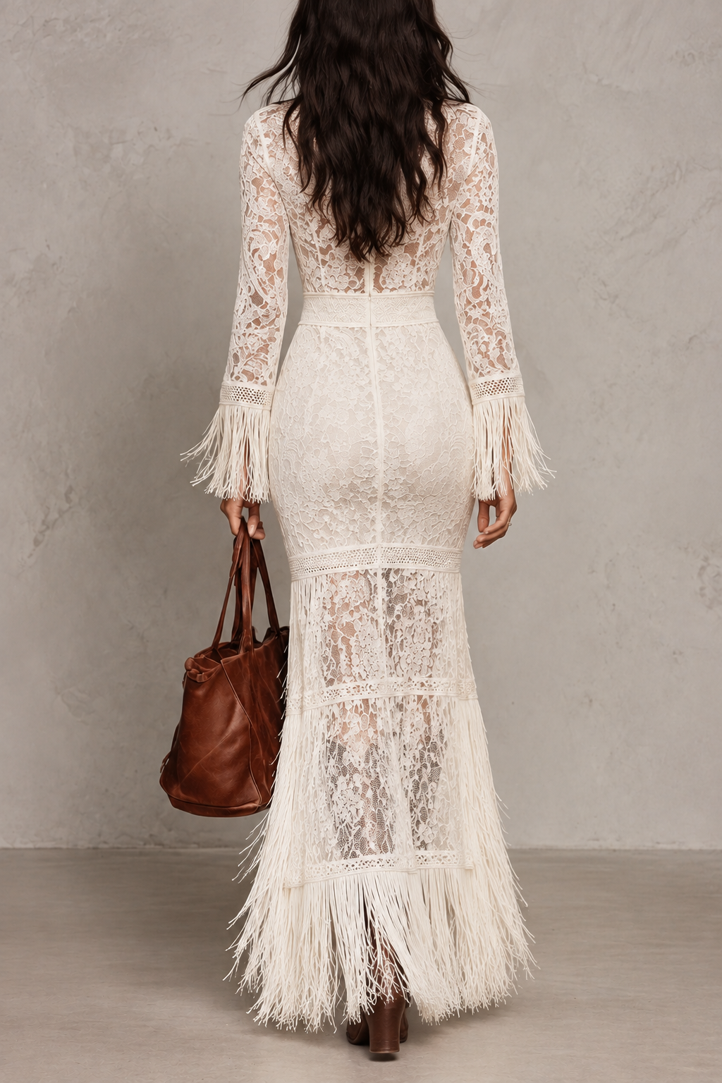 Vintage-Style Lace V-Neck Long-Sleeved Maxi Dress With Fringe