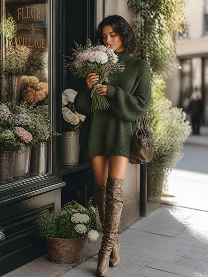 Vintage High Neck Knit Mini Sweater Dress