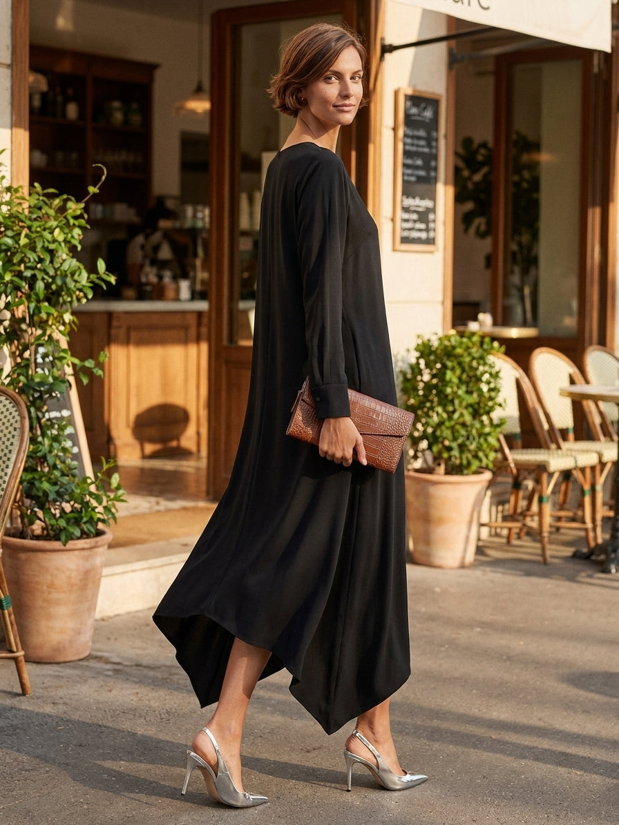 Women's Small V-Neck And Asymmetrical Hem Cotton-Blend Midi Dress
