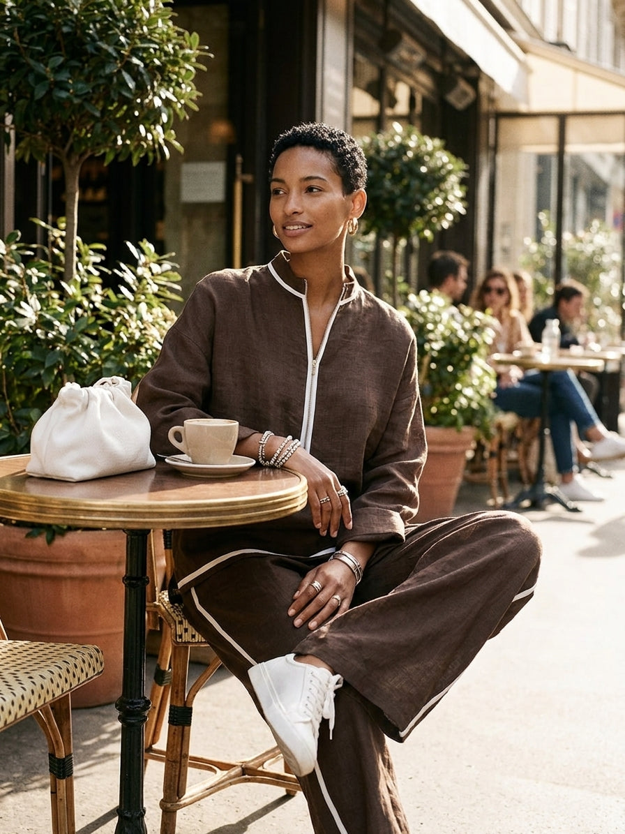 Women's Light‑Blue Linen Fabric Stand‑Collar Half‑Zip Oversized Top & Wide‑Leg Pants Set MDZ1594G5ZRK