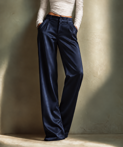 Draped Satin Straight-Leg Trousers