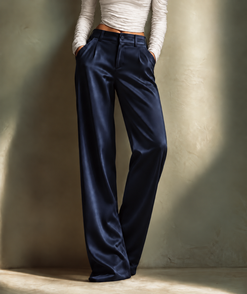 Draped Satin Straight-Leg Trousers