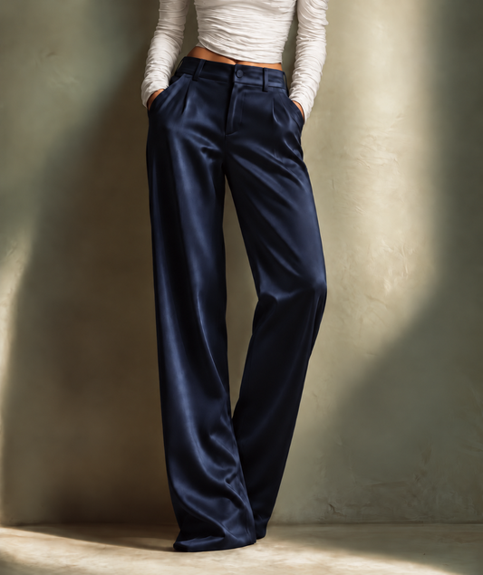 Draped Satin Straight-Leg Trousers