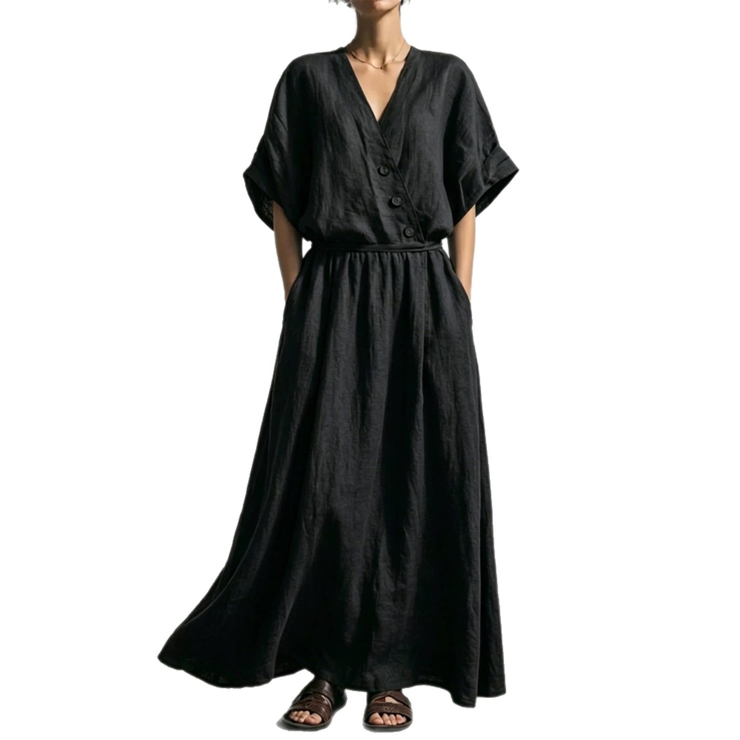 Belted Wrap Linen Blend Pocket Maxi Dress